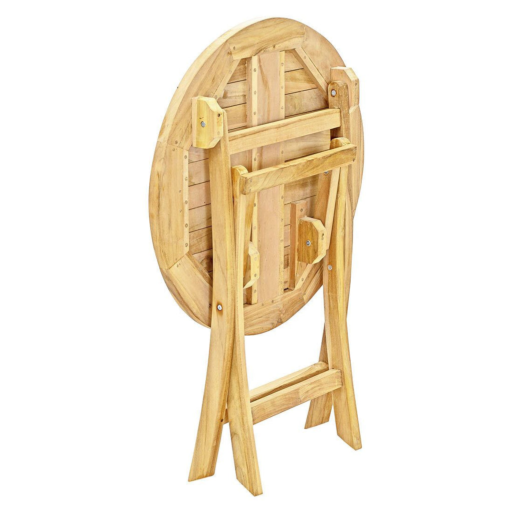 Montert Klappbord ute Portland teak Ø70 cm på terrasse