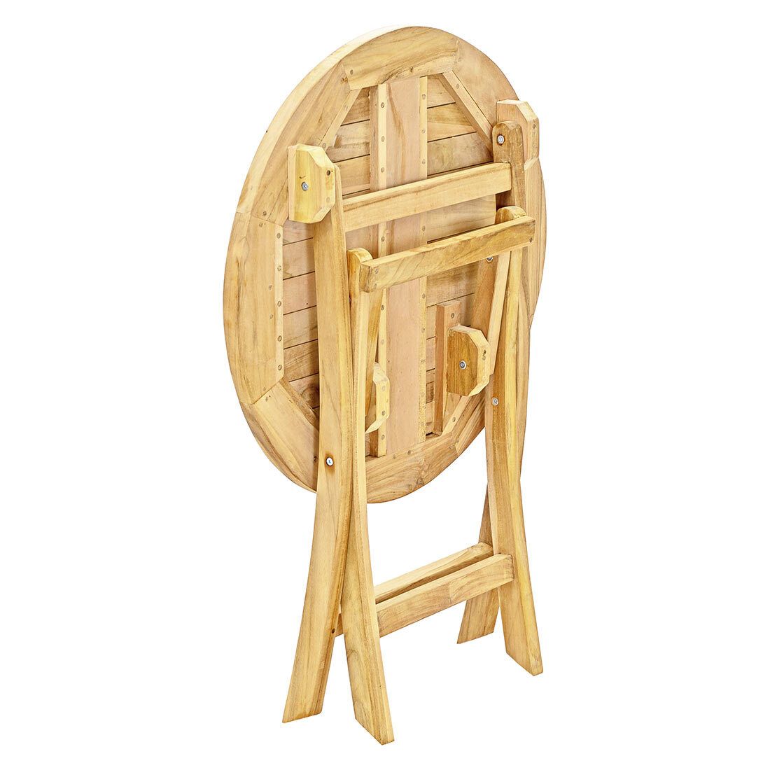Montert Klappbord ute Portland teak Ø70 cm på terrasse