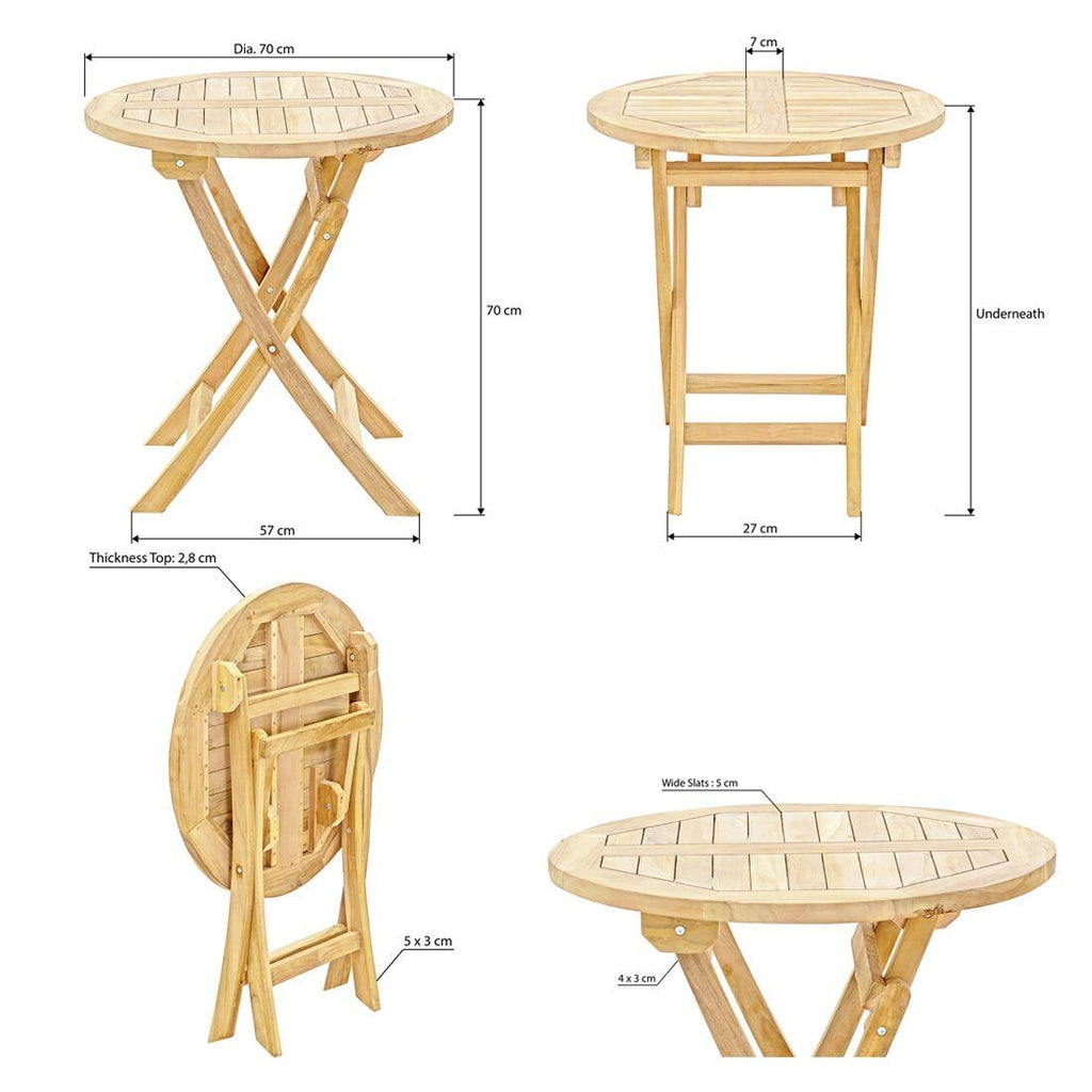 Nærbilde av sammenleggbart beslag på Klappbord ute Portland teak Ø70 cm