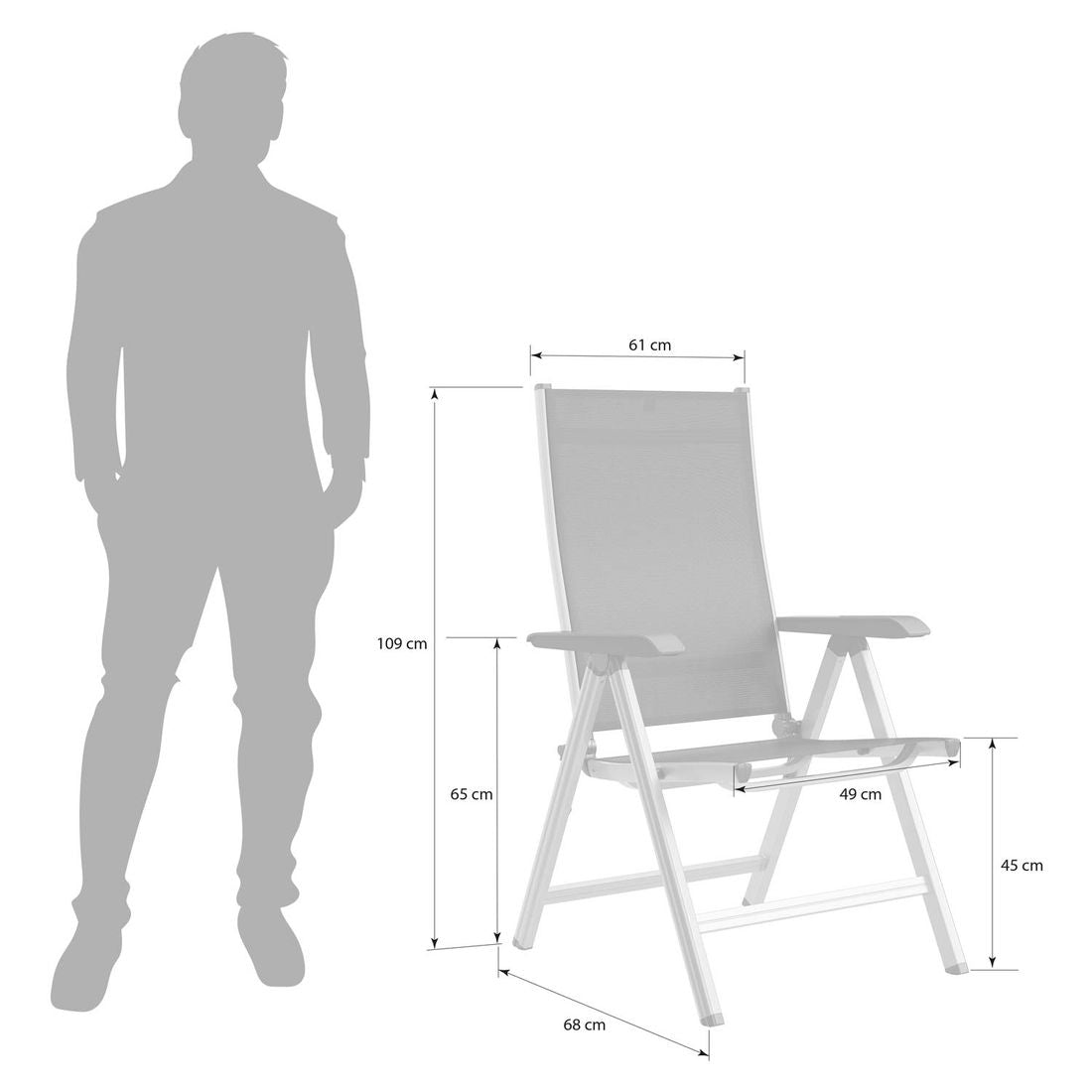 Nærbilde av tekstilene sete på klappstol ute Basic Plus aluminium/textilen regulerbar rygg
