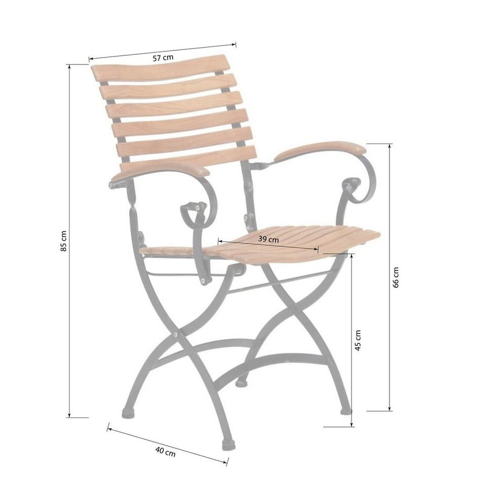 Detalj av teaksete på Klappstol ute Bellini med armlener stål/teak
