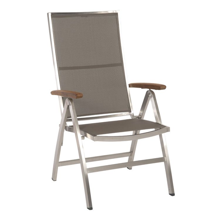 Klappstol ute Cardiff rustfritt stål/textilen med teak-armlener fra Stern sett forfra