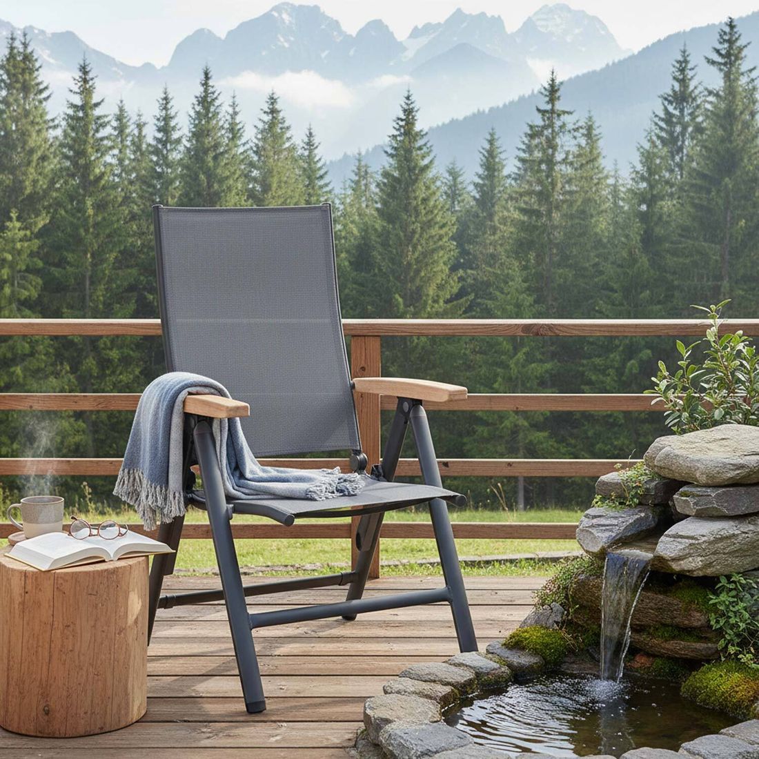 Klappstol ute Cirrus aluminium/teak armlene 62x70 cm - Kettler montert i hage