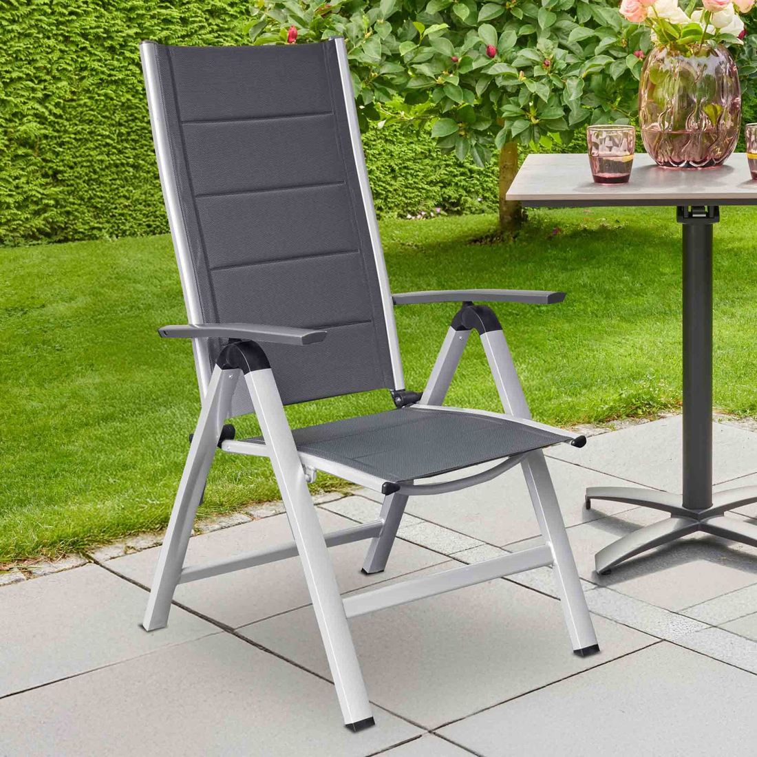 Klappstol ute Unicamo aluminium/textilen regulerbar rygg bakside