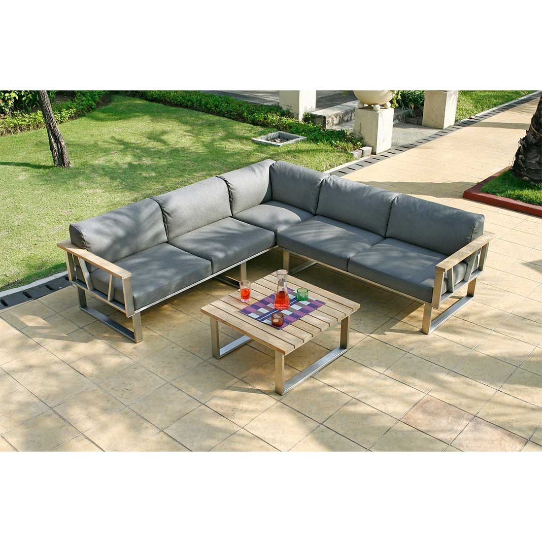 Loungebord Belvedere 76x76 cm rustfritt stål teak montert på terrasse