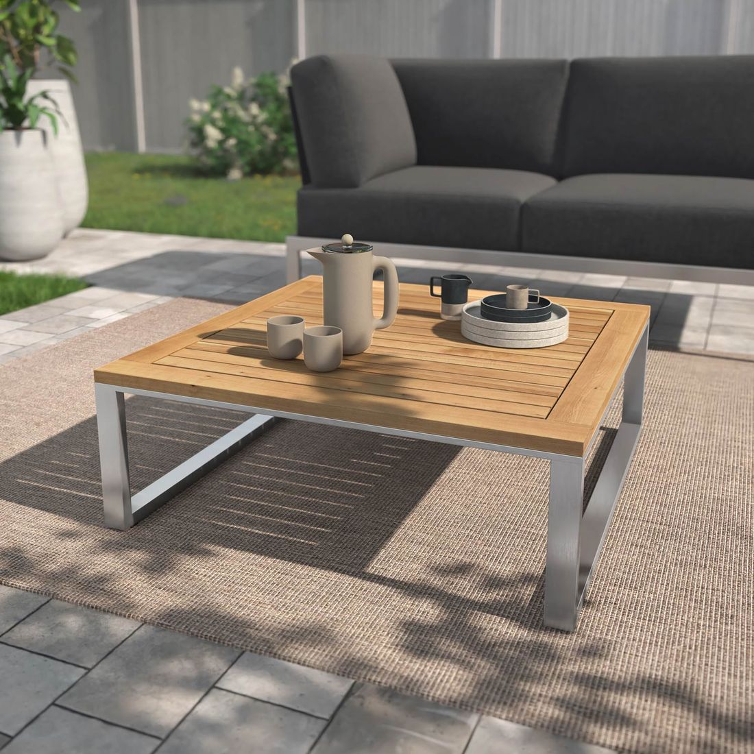 Loungebord Capri 75x75 cm rustfritt stål/teak forfra