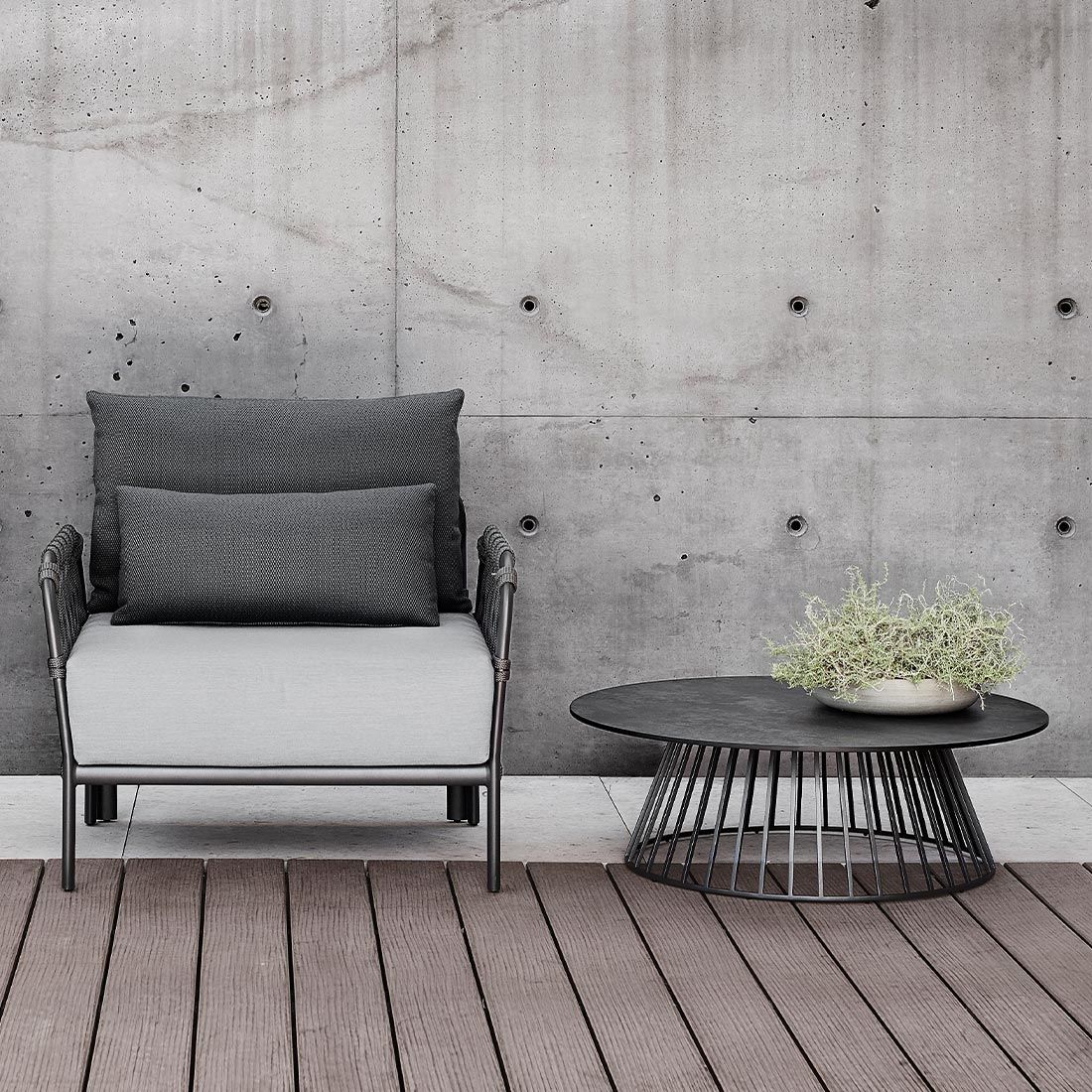 Loungebord Grid Ø90cm aluminium/HPL antrasitt detalj