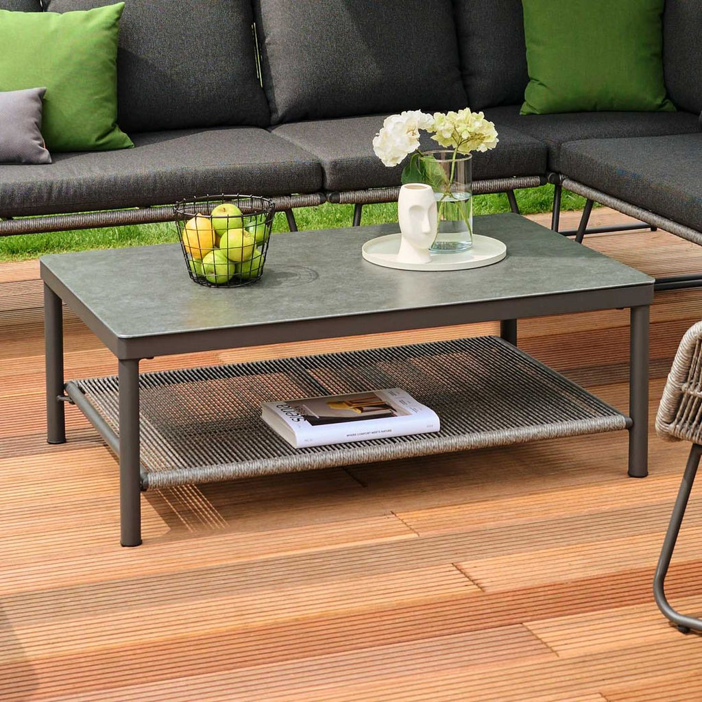 Loungebord Kansas 110x70 cm aluminium/glass detalj av bordplate