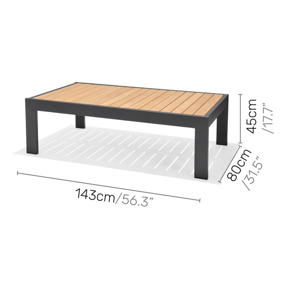 Loungebord Palau 143x80 cm aluminium/teak detalj av bordplate