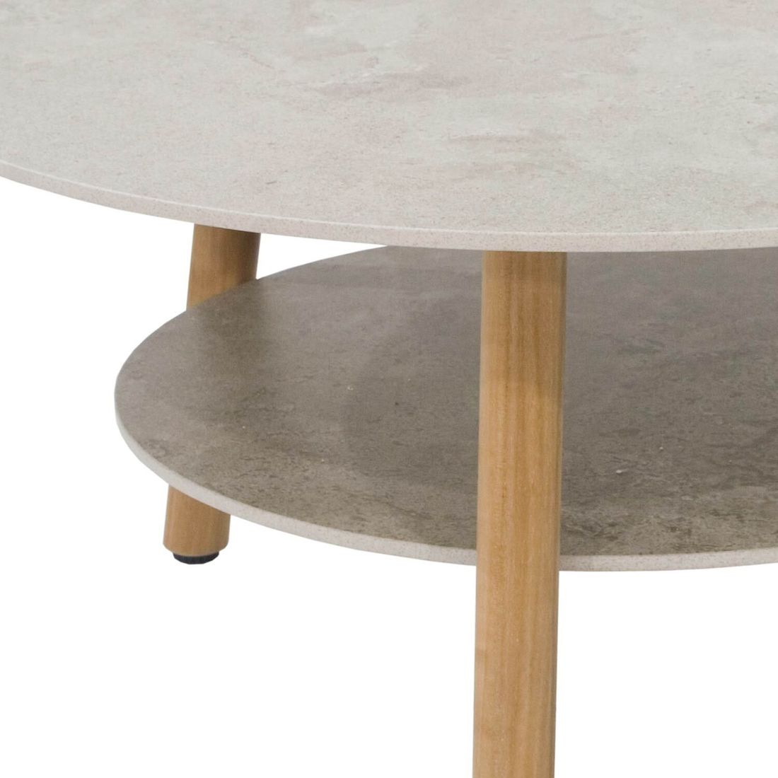 Nærbilde av keramisk bordplate på Loungebord Solena Ø80 cm teak/keramikk - Zebra