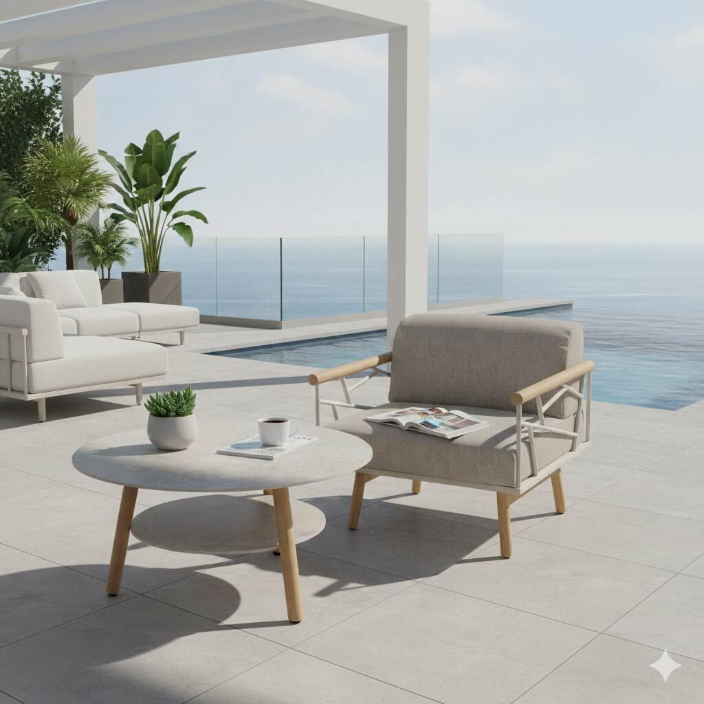 Montert Loungebord Solena Ø80 cm teak/keramikk - Zebra på terrasse