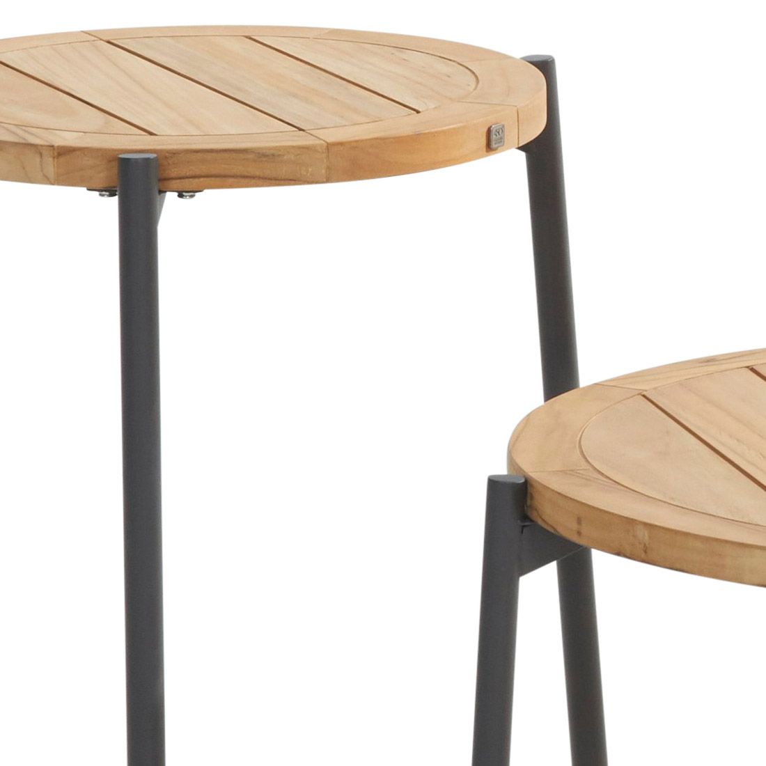 Detalj av bordplate i teak på Loungebord Yoga Ø73 cm aluminium/teak
