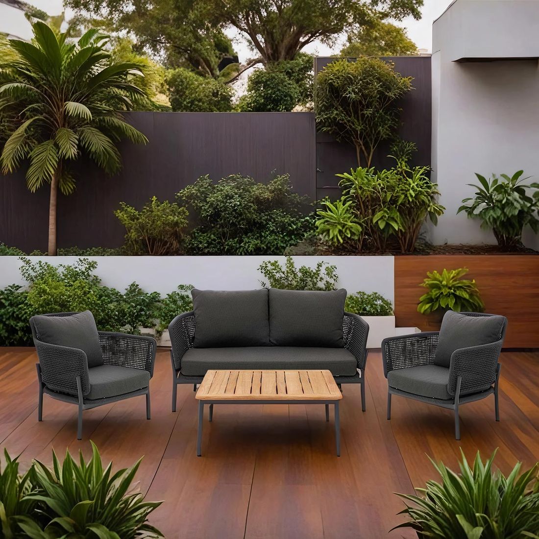 Loungesett 7005 4-deler med bord 89x89 cm teak tau forfra