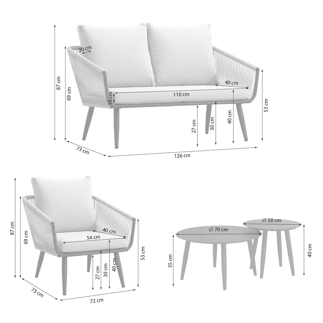 Loungesett Alex med loungebord aluminium tau olefin grå bakside