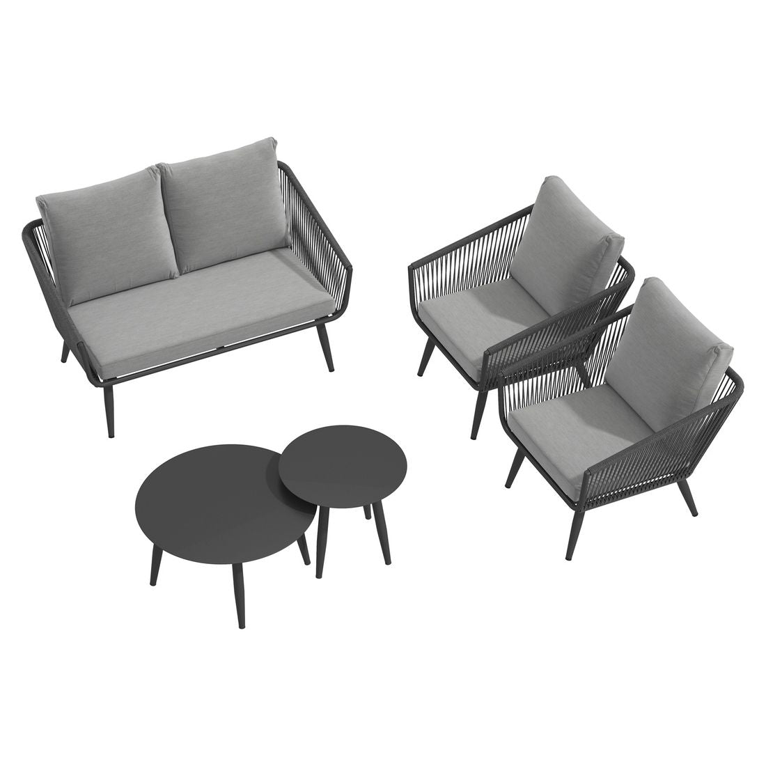 Loungesett Alex med loungebord aluminium tau olefin grå detalj rope