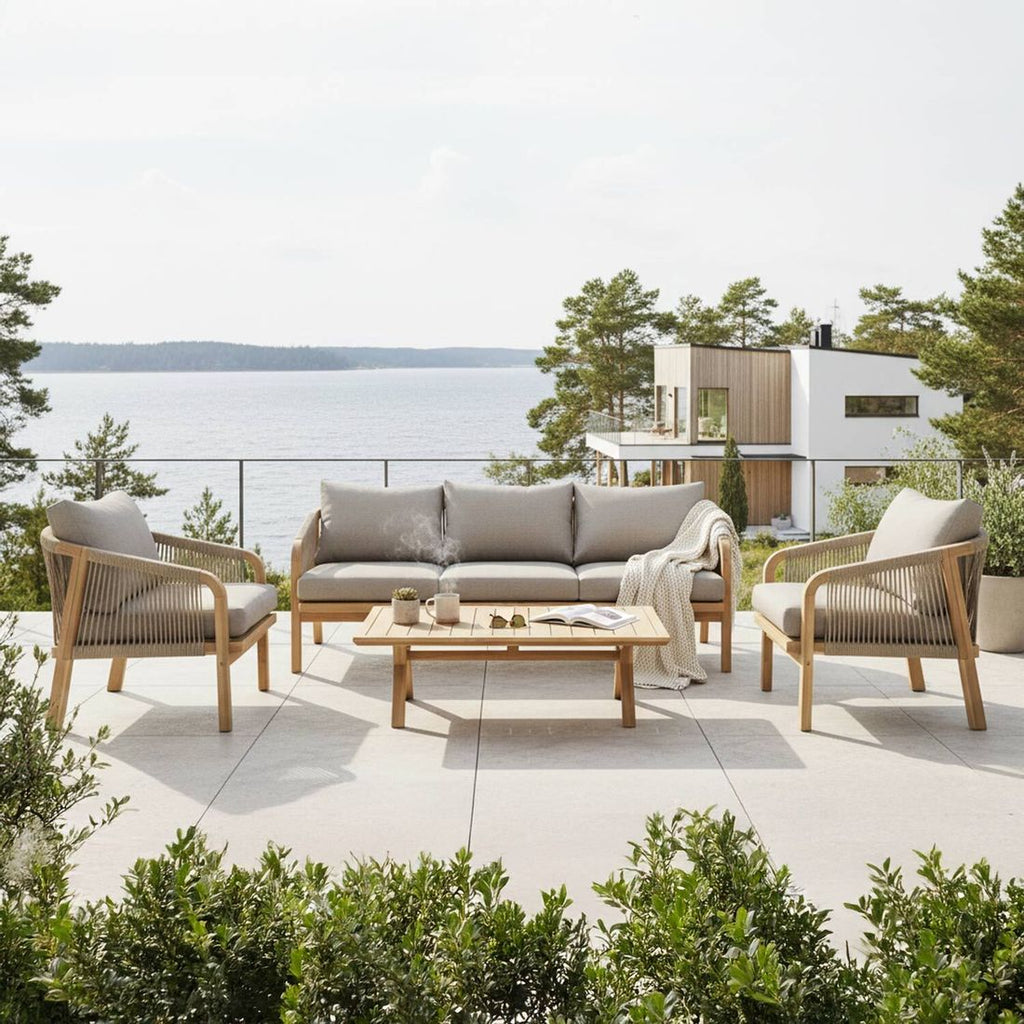 Loungesett Amelie akasie tau med loungebord forfra