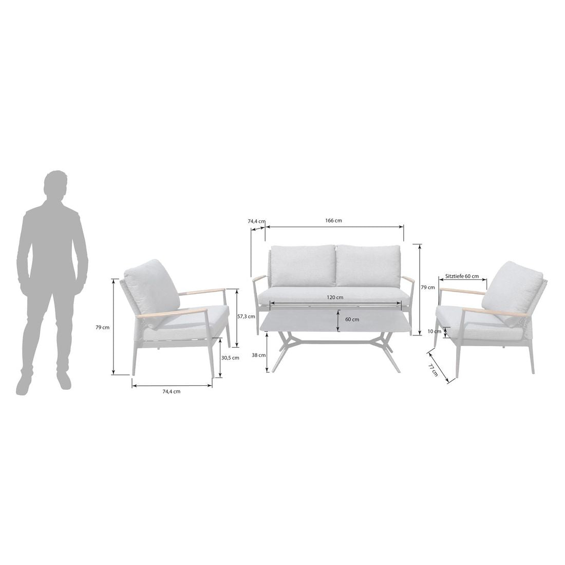 Loungesett Aruba med loungebord aluminium tau keramikk detalj flettverk