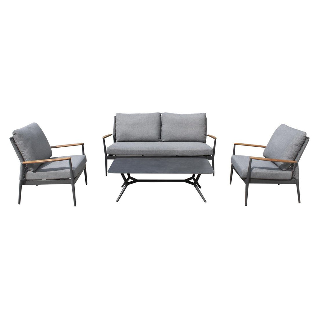 Loungesett Aruba med loungebord aluminium tau keramikk montert i hage
