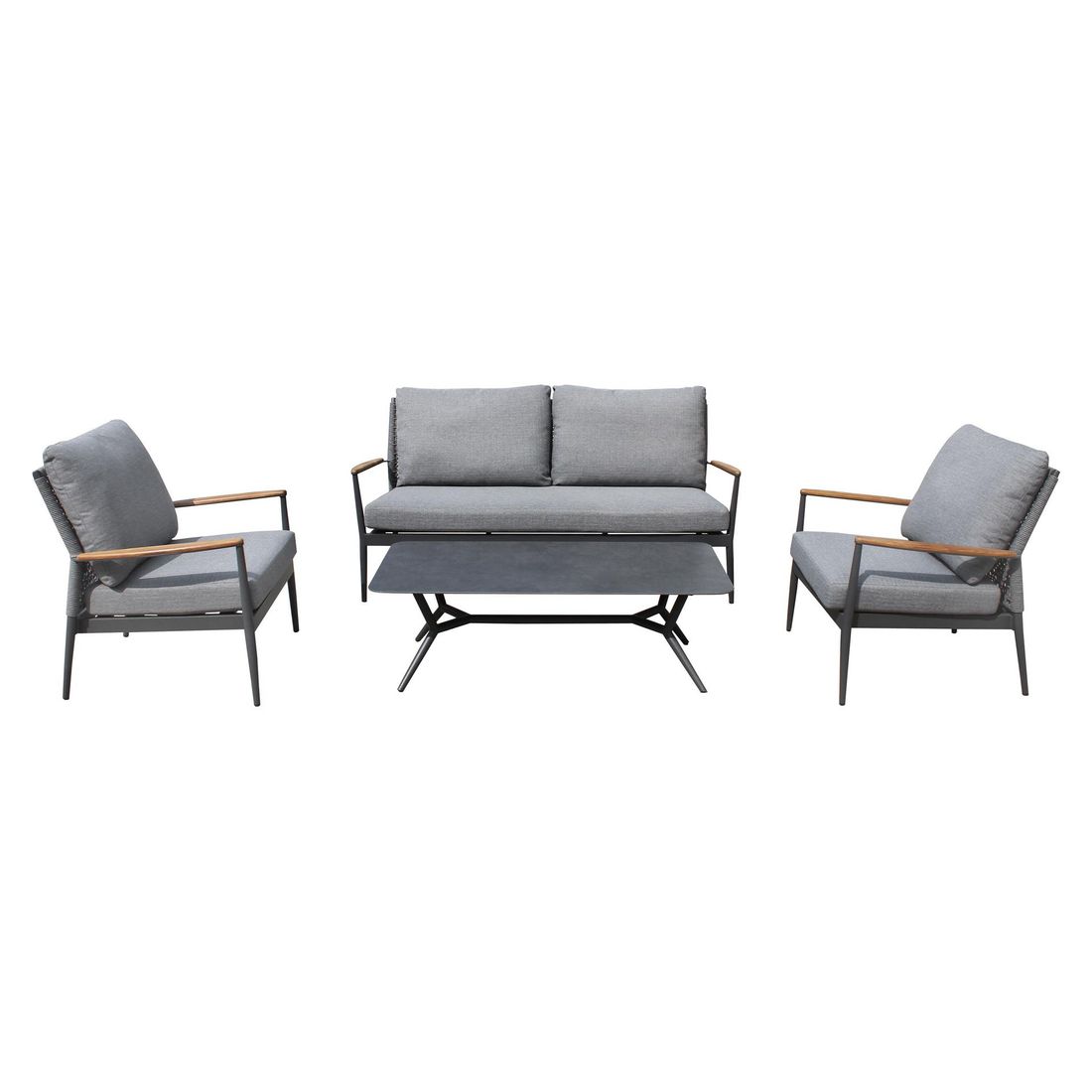 Loungesett Aruba med loungebord aluminium tau keramikk montert i hage
