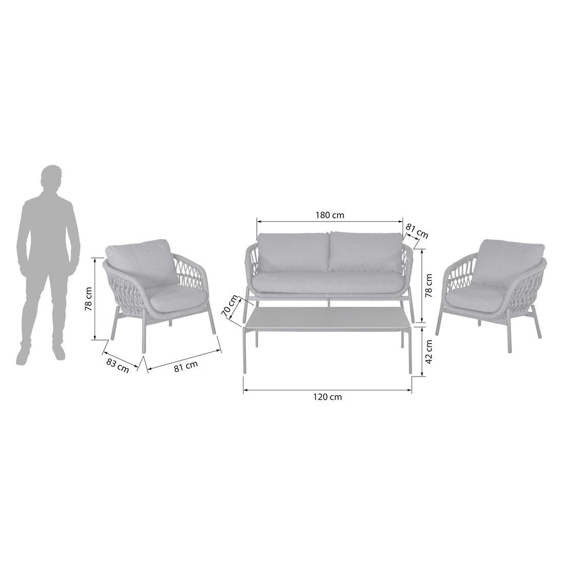 Loungesett Bari aluminium og tau med olefin detalj av flettverk