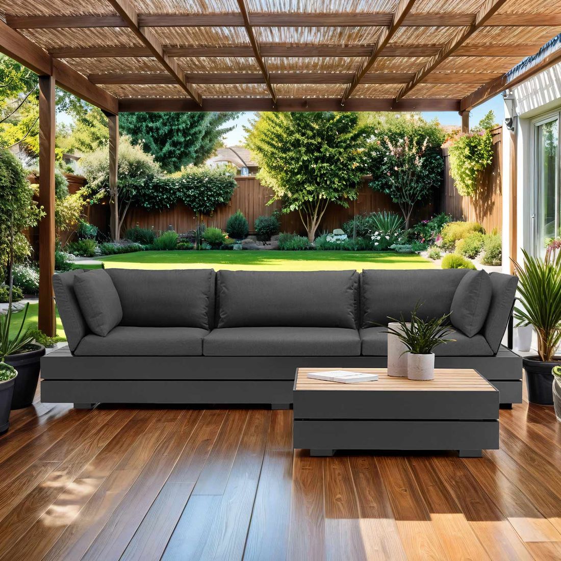Loungesett Boxx med loungebord aluminium teak akryl forfra