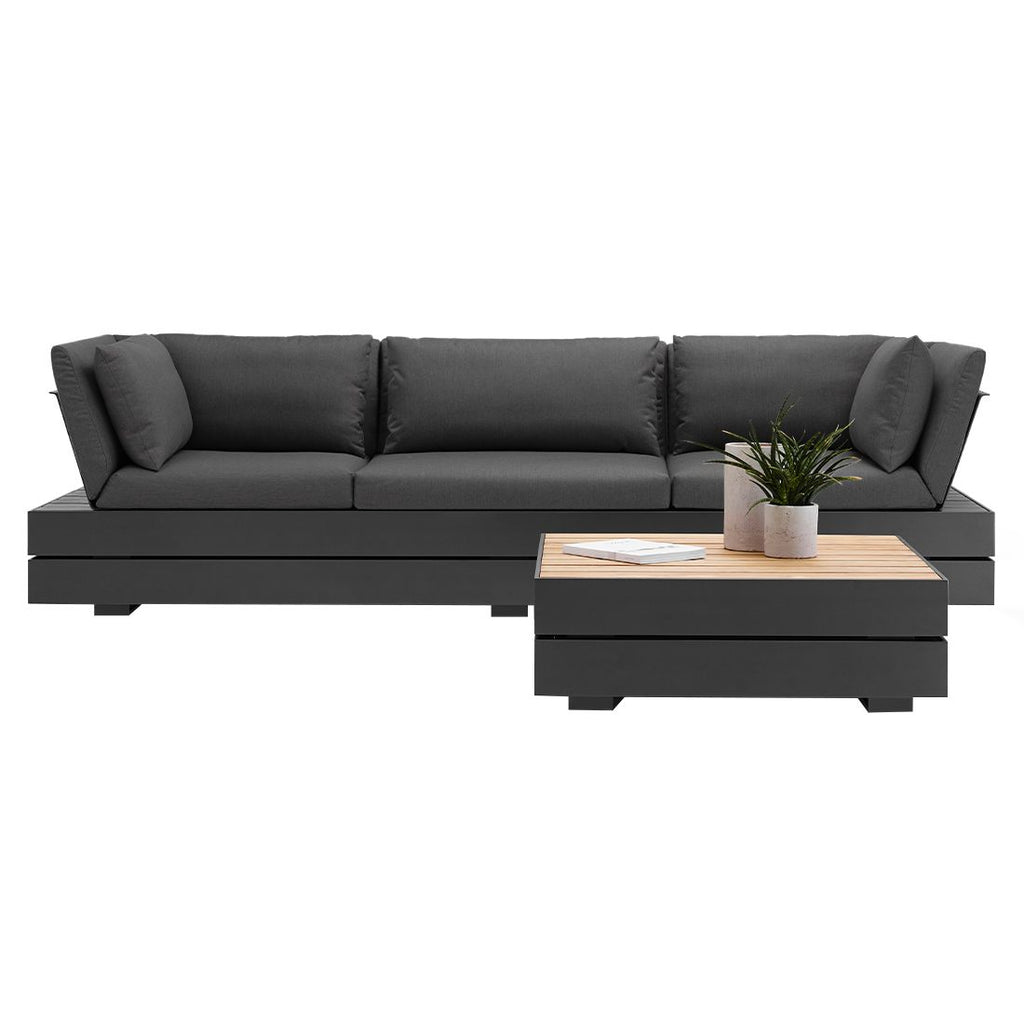 Loungesett Boxx med loungebord aluminium teak akryl bakside