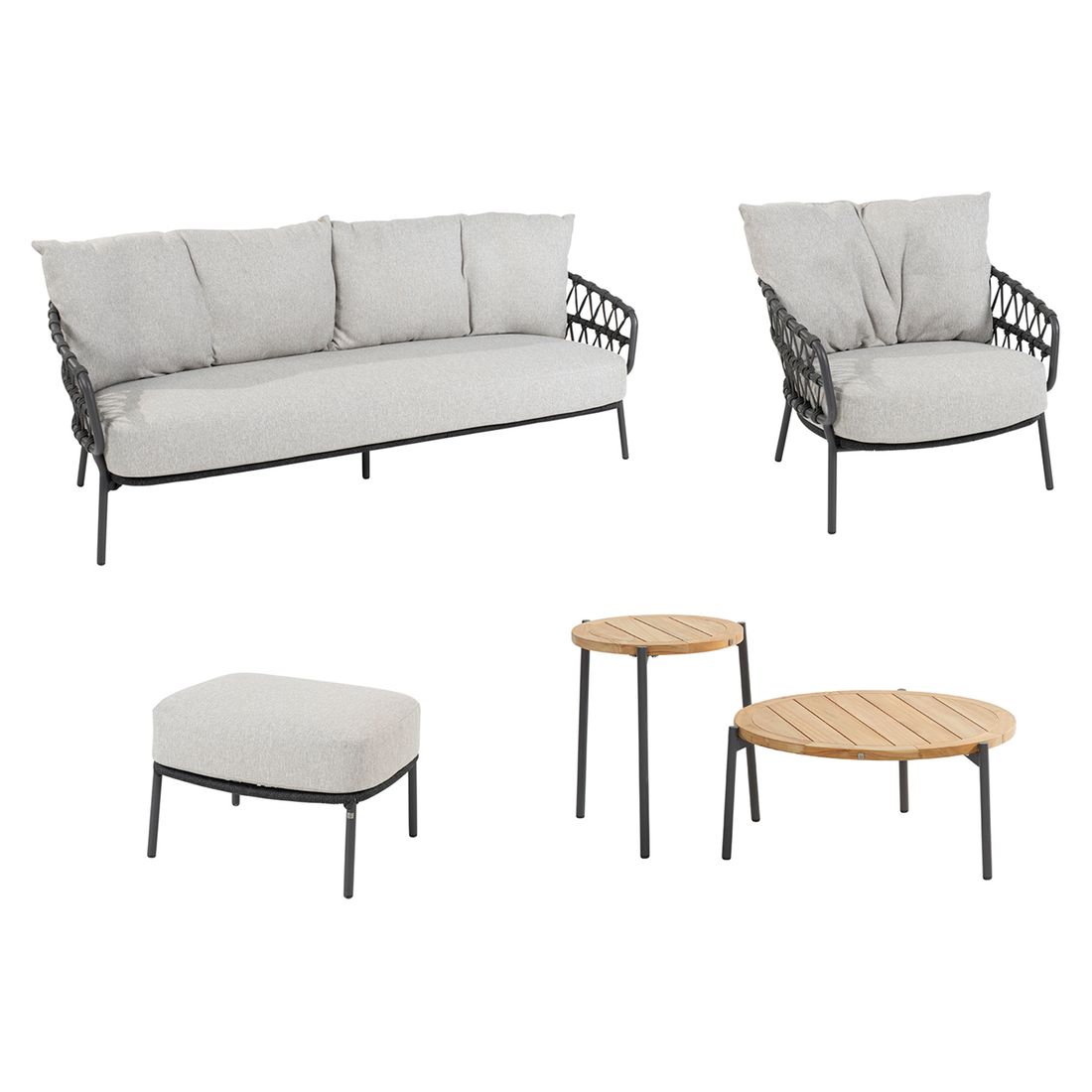 Loungesett Calpi med loungebord rustfritt stål og tau bakside