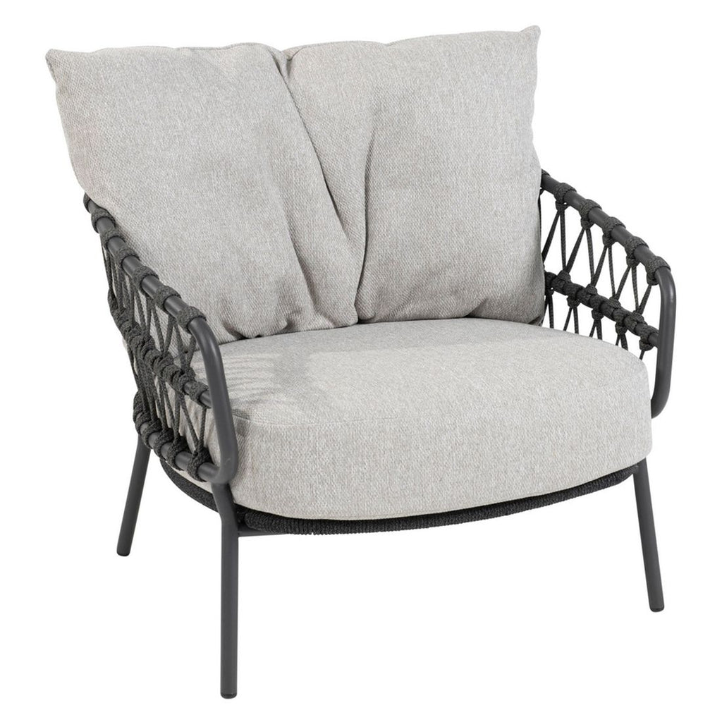 Loungesett Calpi med loungebord rustfritt stål og tau montert på terrasse