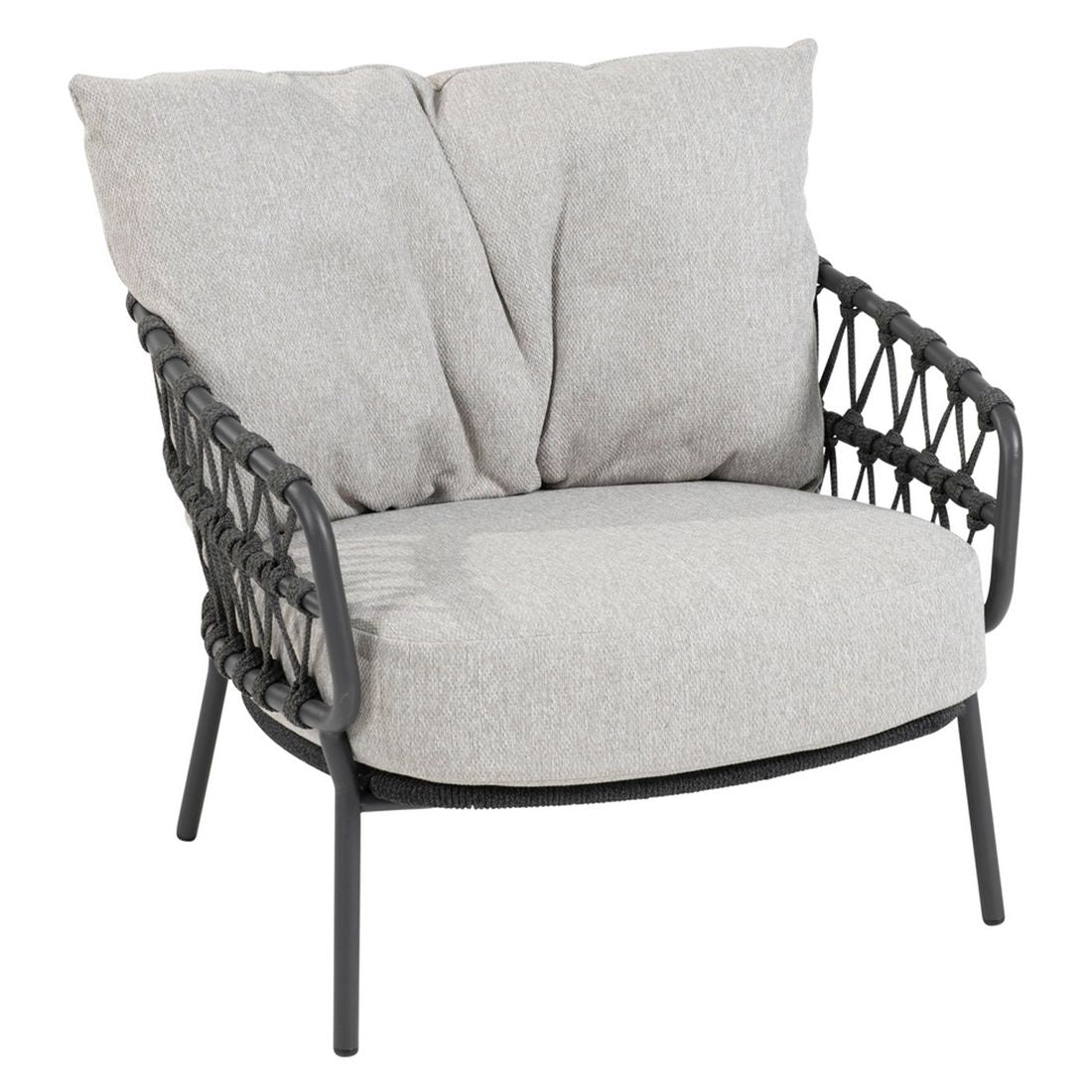 Loungesett Calpi med loungebord rustfritt stål og tau montert på terrasse