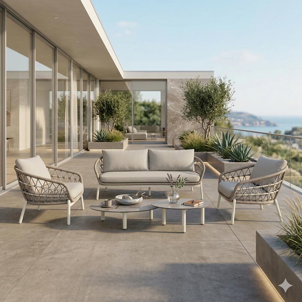 Loungesett Dakota med loungebord aluminium og tau forfra