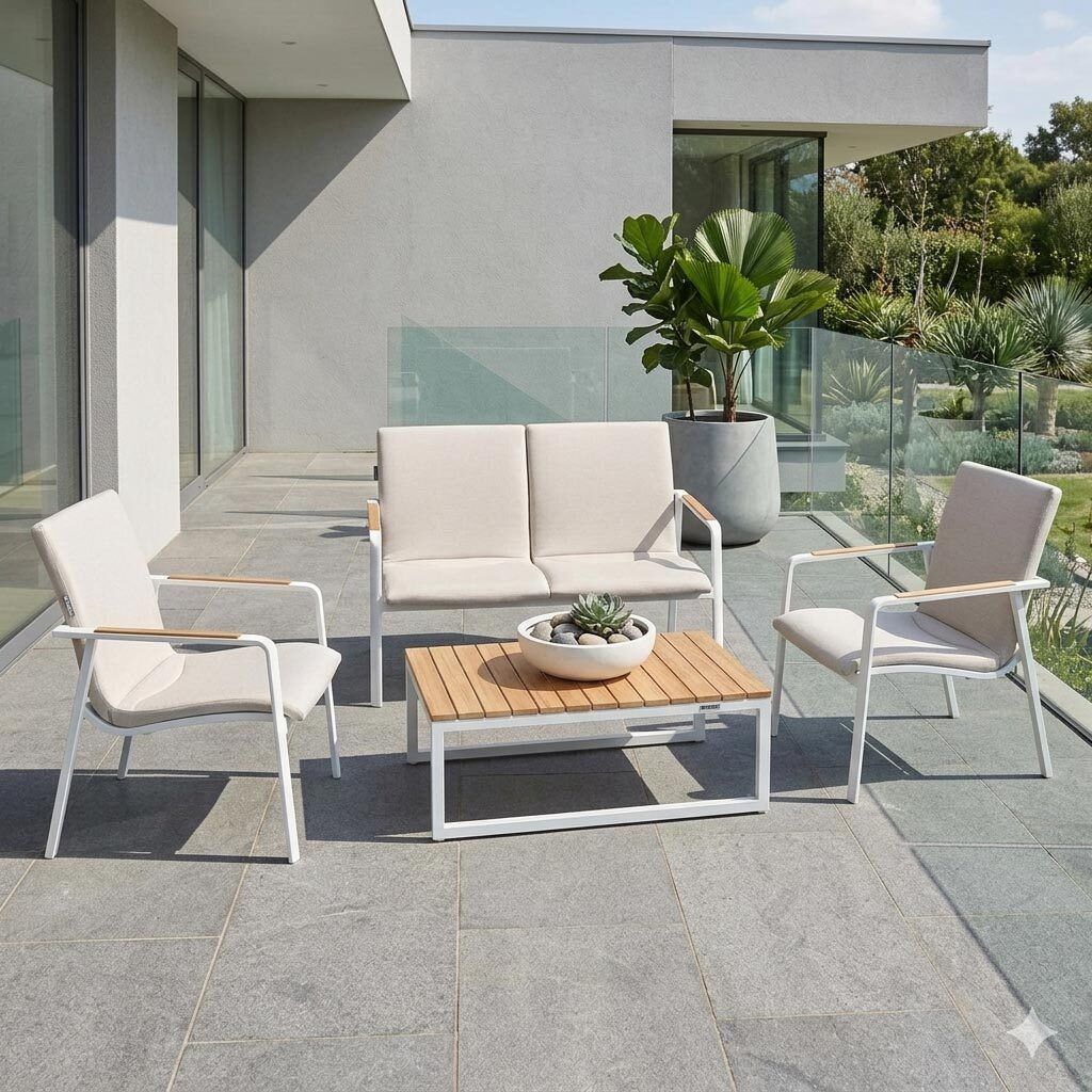 Loungesett Diamond aluminium/teak med Sunbrella-puter forfra