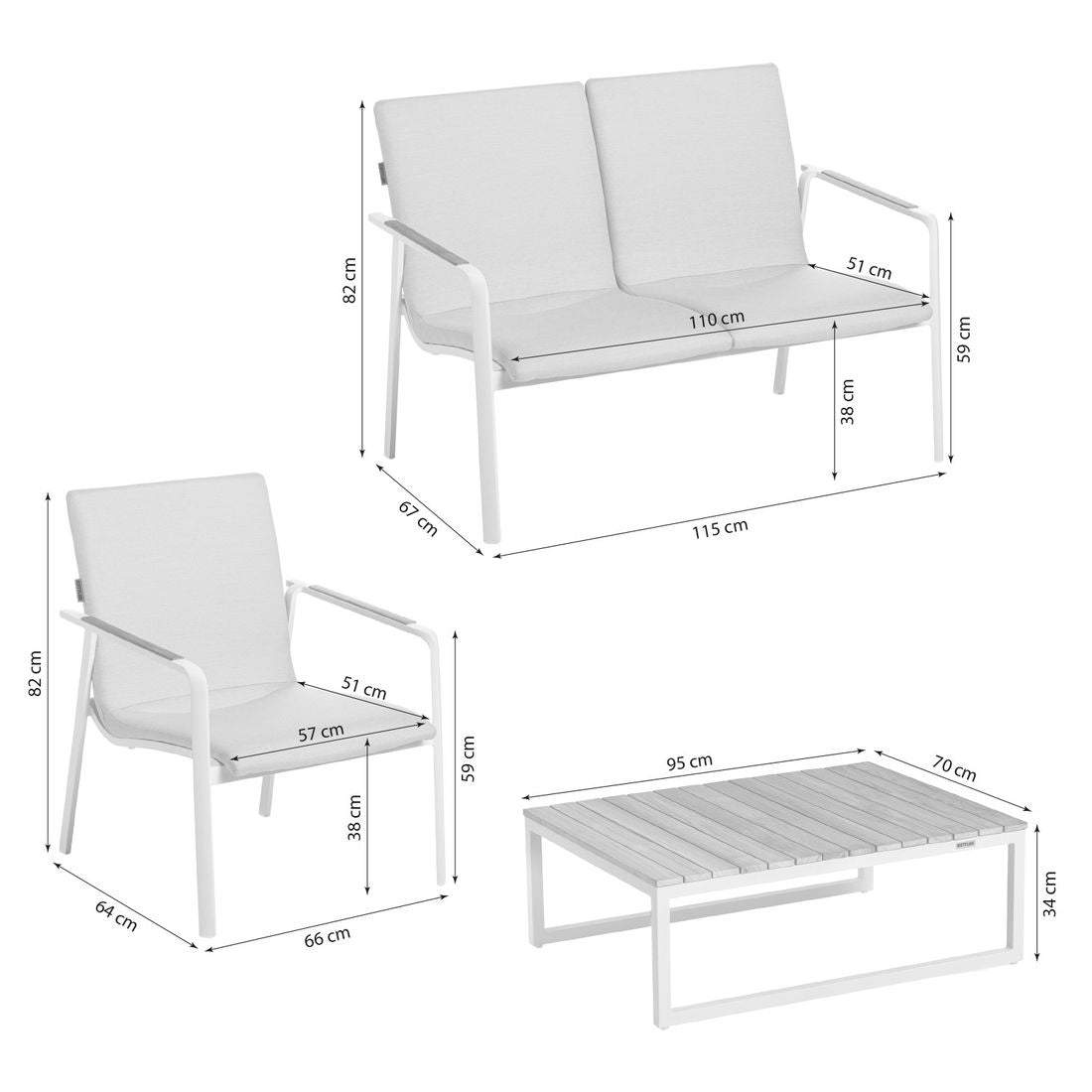 Loungesett Diamond aluminium/teak med Sunbrella-puter nærbilde av puter