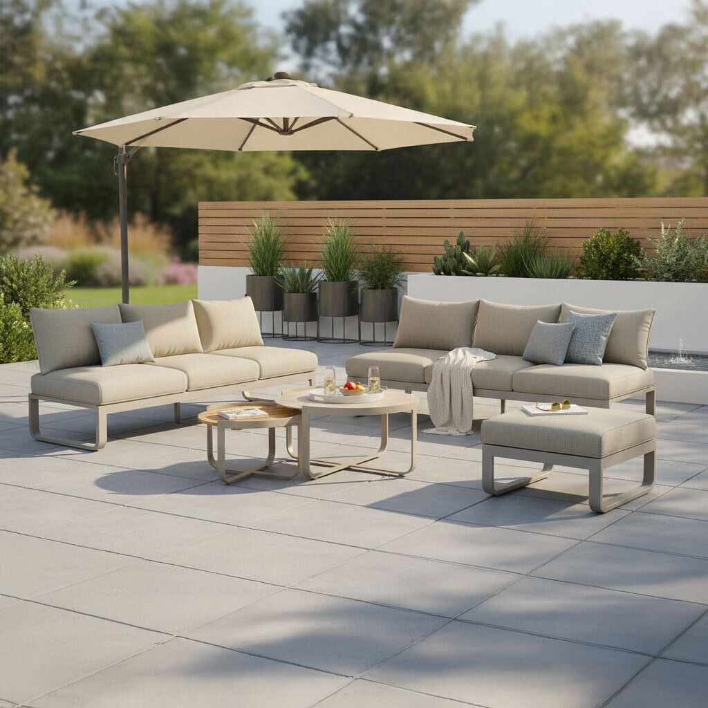Loungesett Fly aluminium teak keramikk med olefinputer forfra