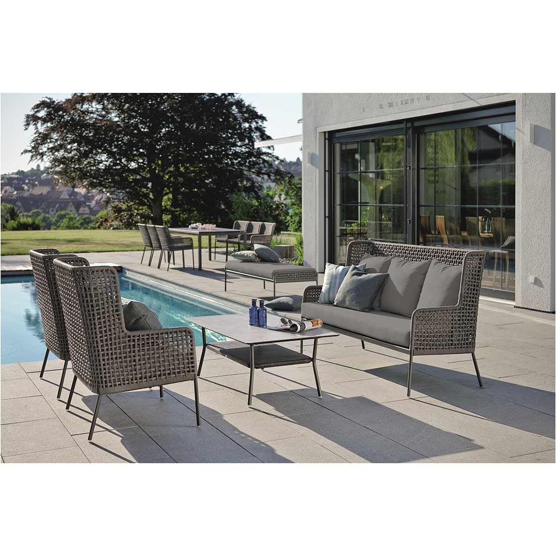 Loungesett Greta aluminium/tau med loungebord Stern detalj av bordplate