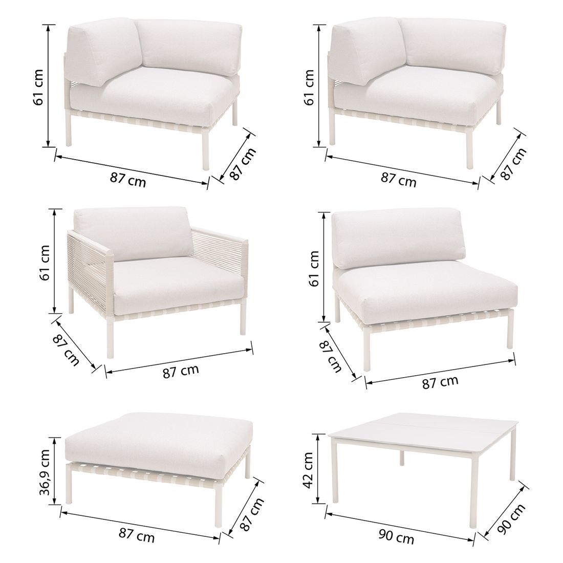 Loungesett Horizon aluminium tau olefin med loungebord detalj av flettverk
