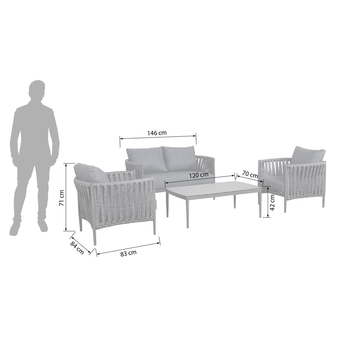 Loungesett Lena aluminium tau med keramikkbord antrasitt detalj ropeflettverk