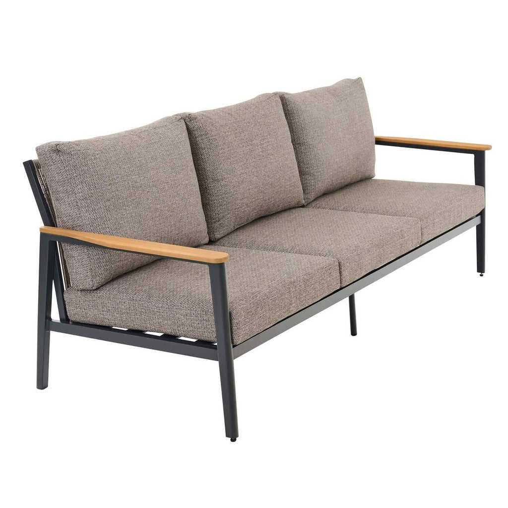 Nærbilde av bordplate i Sinterstone på Loungesett Liguria aluminium/flettverk med loungebord