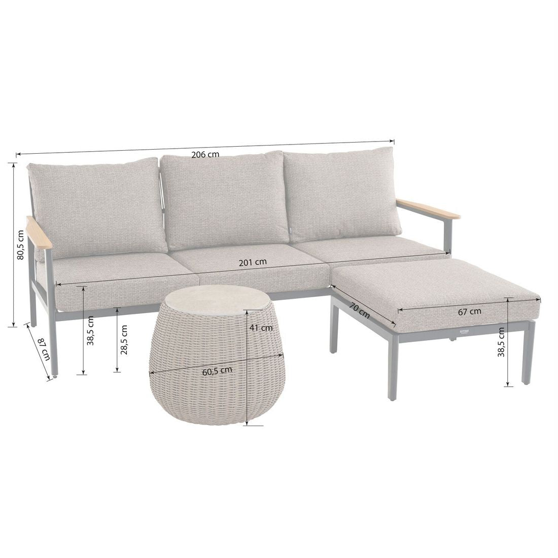 Detalj av flettverket på Loungesett Liguria aluminium/flettverk med loungebord