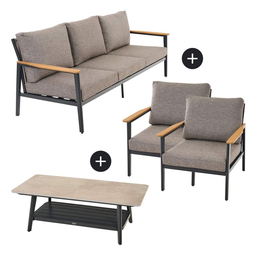 Loungesett Liguria aluminium/flettverk med keramikkbord detalj flettverk