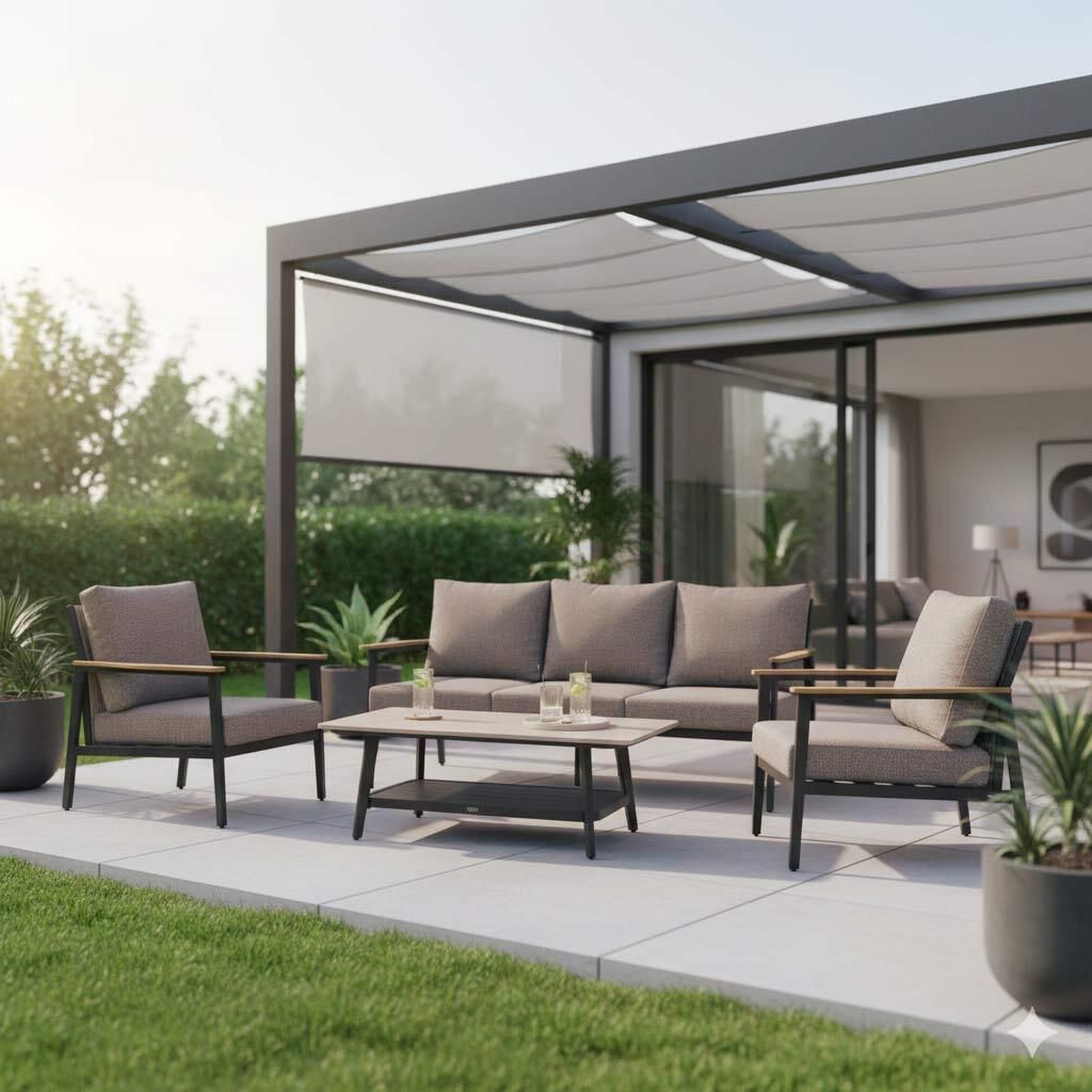 Loungesett Liguria aluminium/flettverk med keramikkbord front