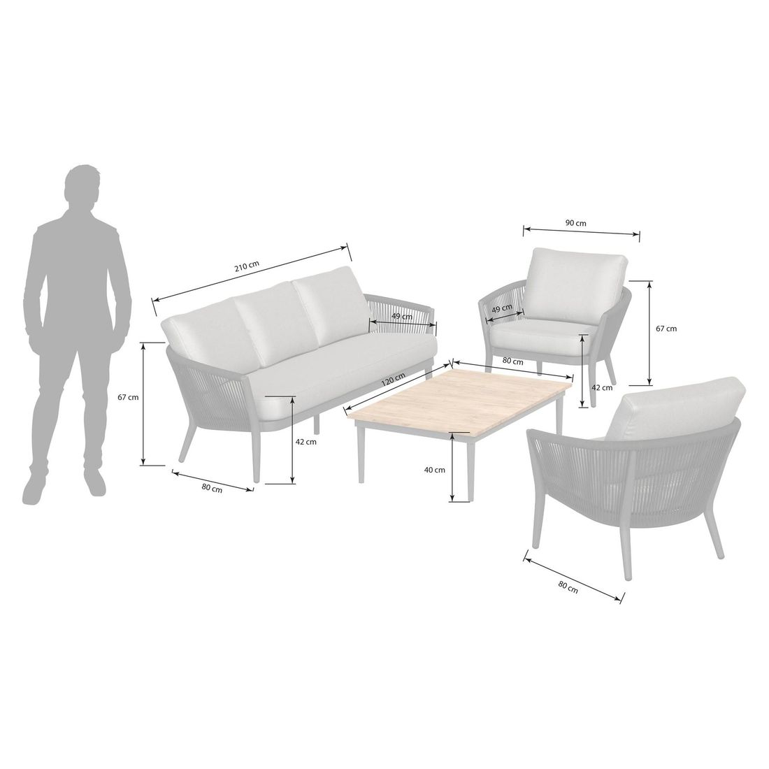 Loungesett Monet med loungebord aluminium tau olefin detalj av bordplate