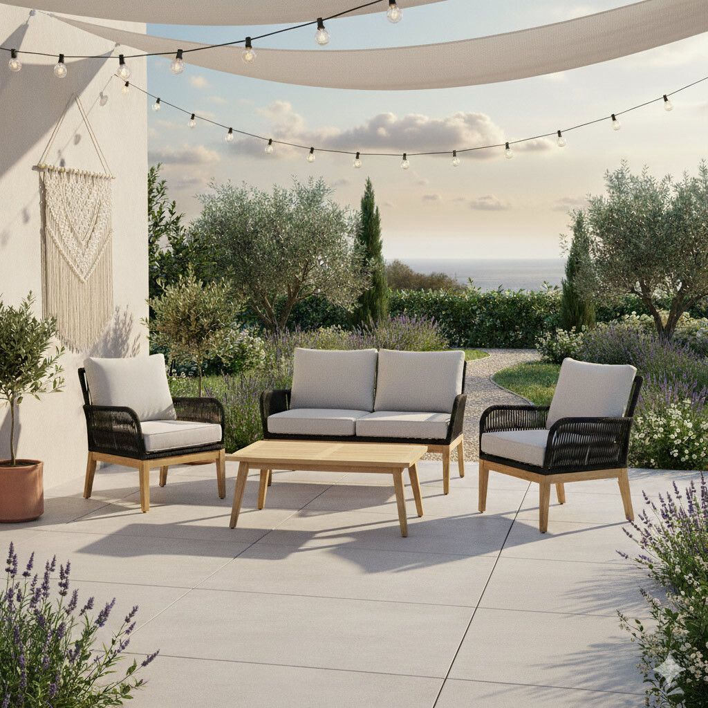 Loungesett Mykonos med loungebord akasie/tau forfra