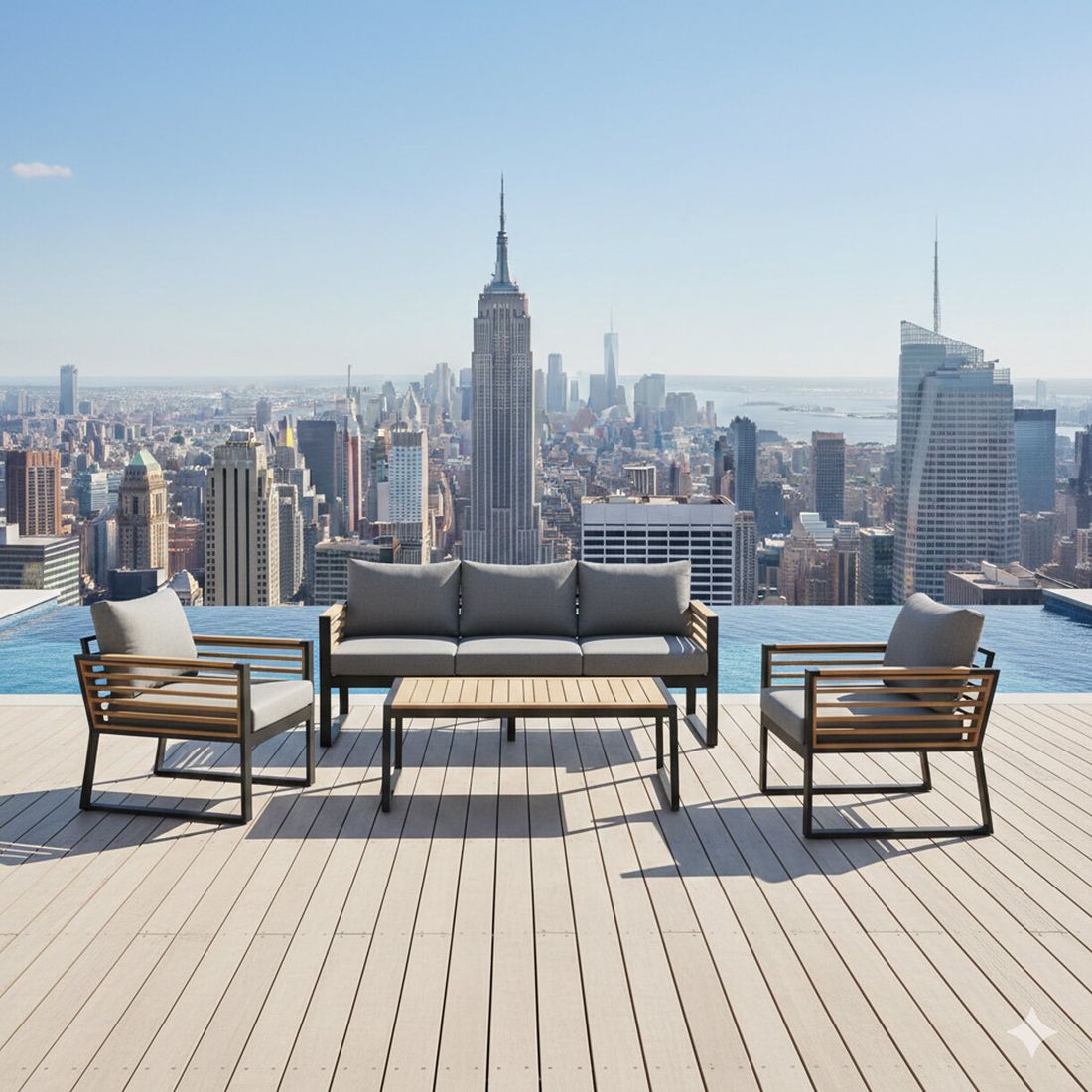 Loungesett New York City aluminium/akasie med loungebord forfra
