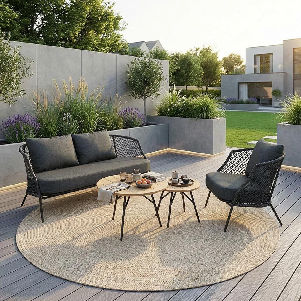 Loungesett Odea aluminium tau med loungebord forfra