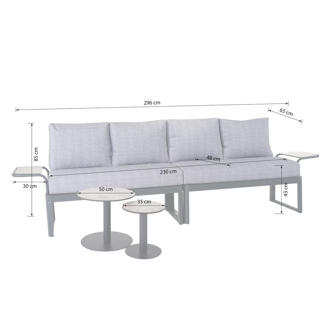 Loungesett Pandora med loungebord aluminium HPL antrasitt detalj av bord