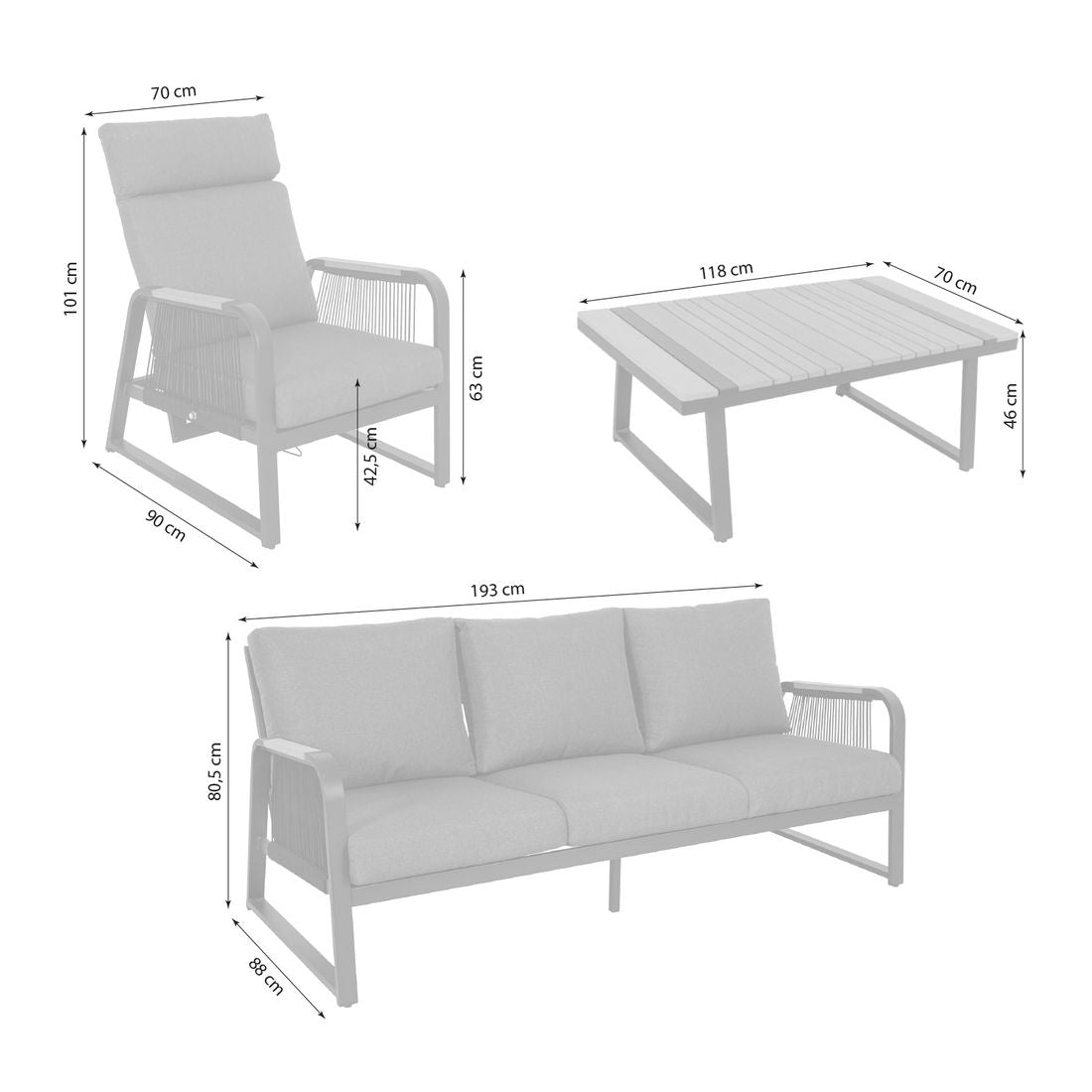 Loungesett Siena med loungebord aluminium tau eukalyptus detalj av bordplate