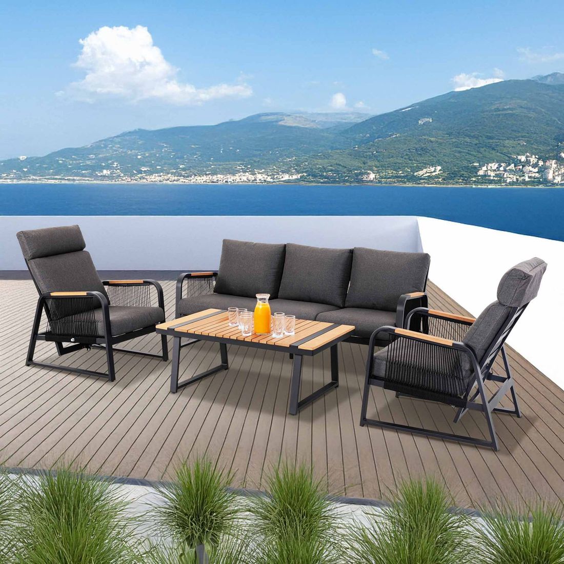Loungesett Siena med loungebord aluminium tau eukalyptus loungebord detalj