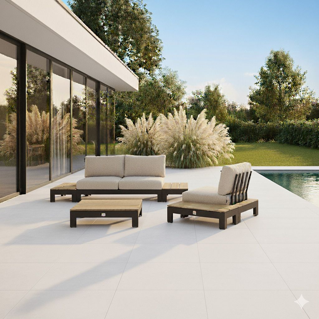 Loungesett Sticks & More med loungebord aluminium/teak forfra