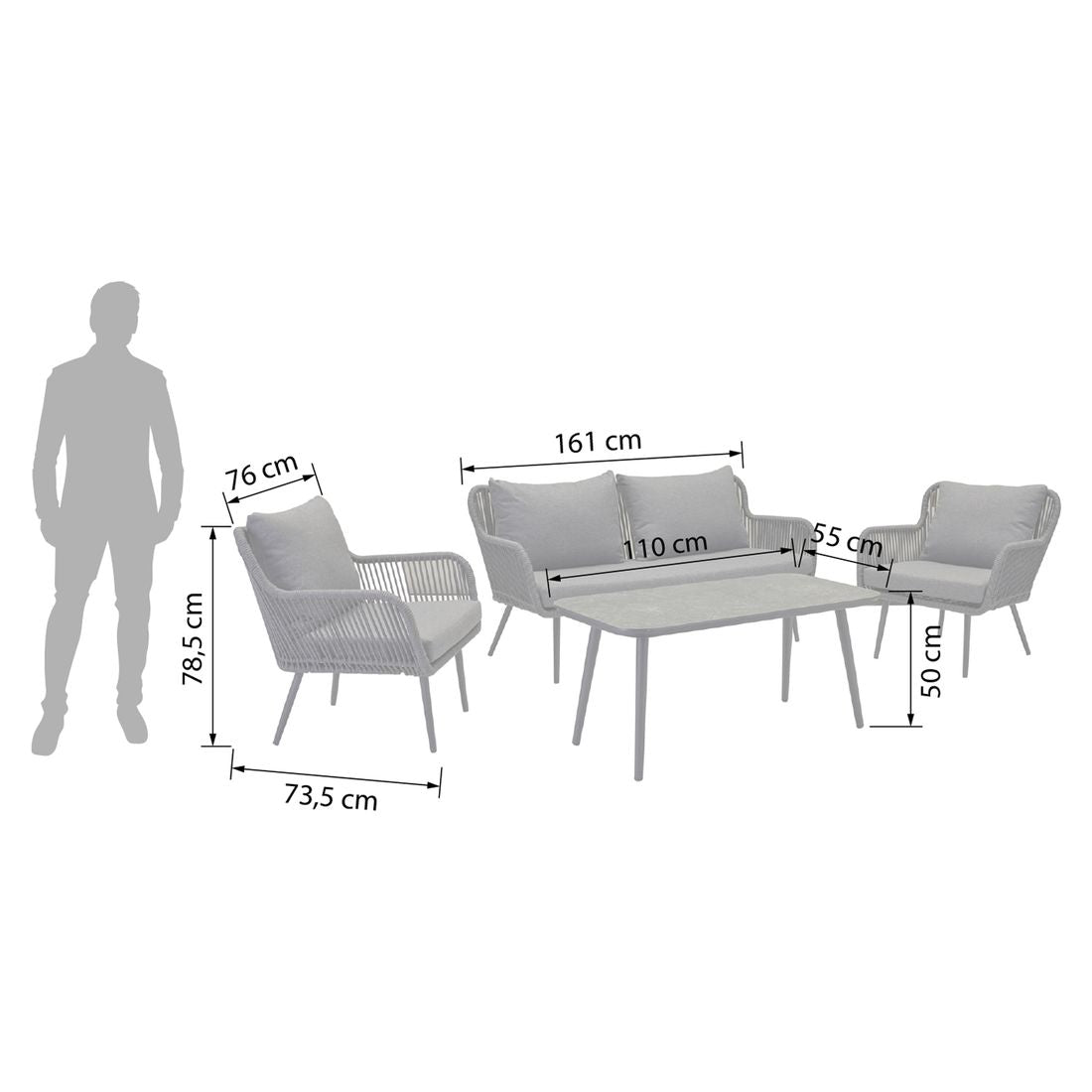 Loungesett Sunera med loungebord aluminium tau olefin detalj av flettverk