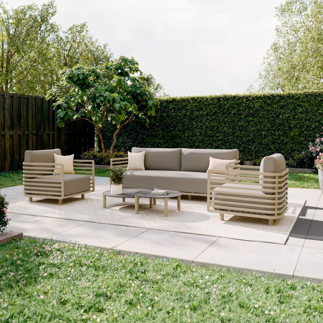 Loungesett Tobago aluminium olefin med loungebord forfra